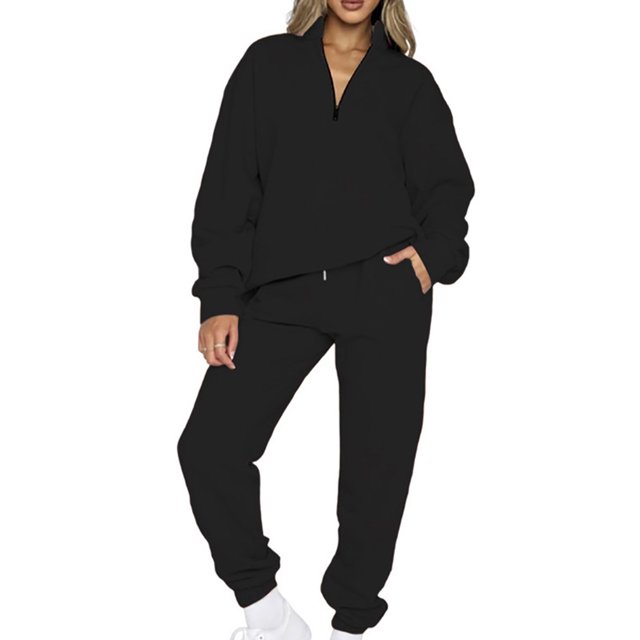 MAWCLOS Women Jogger Sets Long Sleeve Tracksuit Set Solid Color Two Piece Outfit Breathable Sports V Neck Sweatsuits Black L