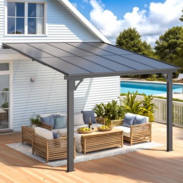 AECOJOY Abri de Jardin Pergola Murale à Hauteur Réglable 10 Pieds x 10 Pieds, Auvent Métallique Adossé avec Toit en Pente, Abri Extérieur pour Patio, Terrasse, Cour Arrière, Noir