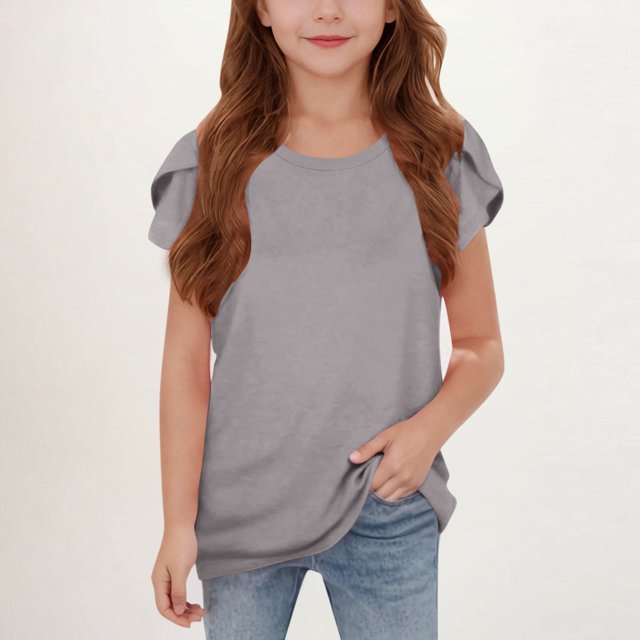 WMTBSRSW Offres Prime Day Filles Mode Floral Manches Courtes T-Shirts d'Été Unis Basiques Décontractés Col Rond 5-14 Ans