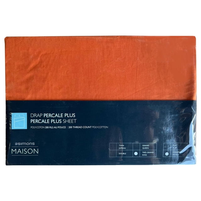 Drap Percale Plus fitted sheet in burnt orange, made of 200 thread count poly-cotton percale fabric, breathable and wrinkle-resistant, with packaging label showing size and fit options from Simons Maison.