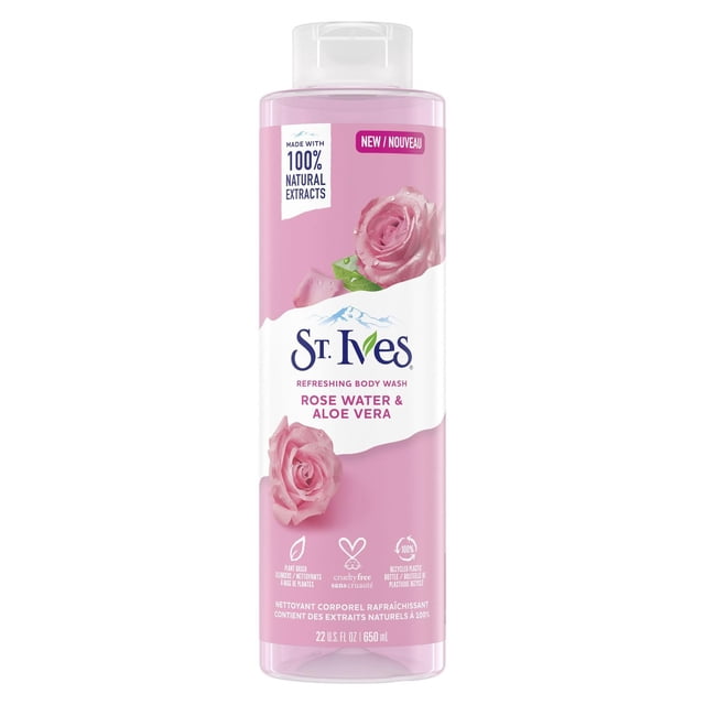 St. Ives Rose Water & Aloe Vera Body Wash in a 650 ml translucent pink bottle with a white flip cap, made with 100% natural rose water and aloe vera extracts, cruelty-free and paraben-free, designed to gently cleanse and hydrate skin during daily shower use.