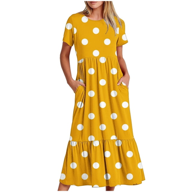 Tumotour Robe d'Été pour Femmes, Imprimée, Ample, Décontractée, à Manches Courtes, Col Ras du Cou, Ligne A, Évasée, Fluide, à Étages, Chemise, Maxi, Plage, Longue, 2025, Tenues Tendance avec Poches