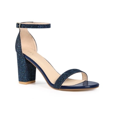 BLISSFUL STEP Women's Shoes Ankle Strap Open Toe Block Heel Glitter Party Sandals Navy Blue 6