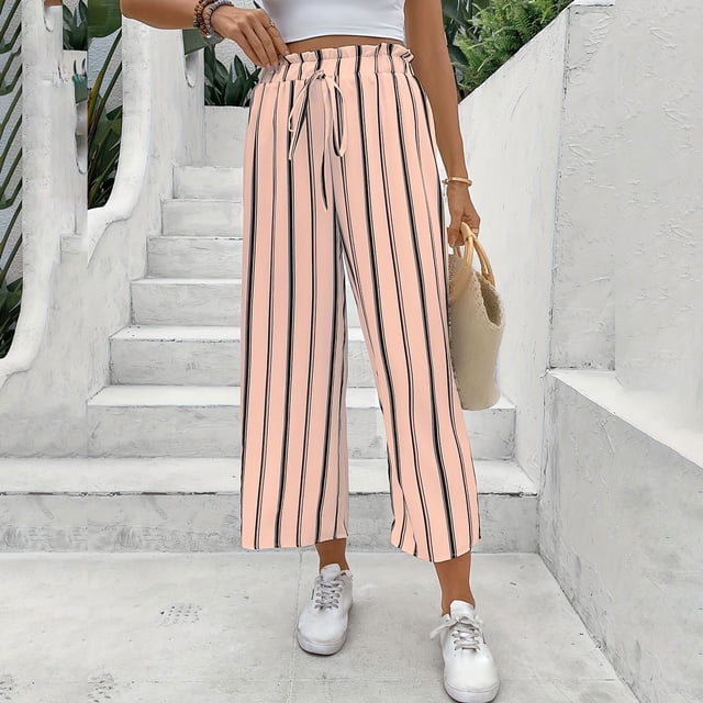 AherBiu Pantalon à Jambe Grand pour Femmes Taille Haute à Cordon Rayé Pantalon Décontracté d'Extérieur Tendance avec Poches