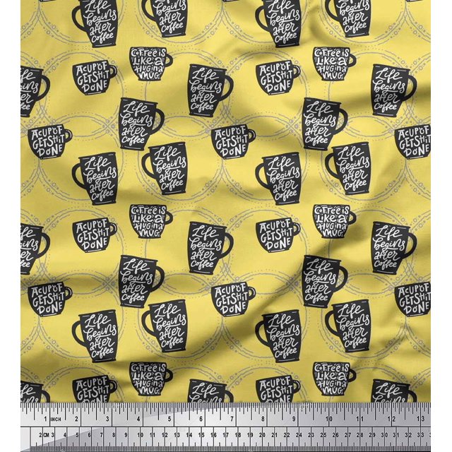 Soimoi Yellow Poly Georgette Fabric Life Begins After Coffee Text Print Fabric by the Yard 42 Inch Wide