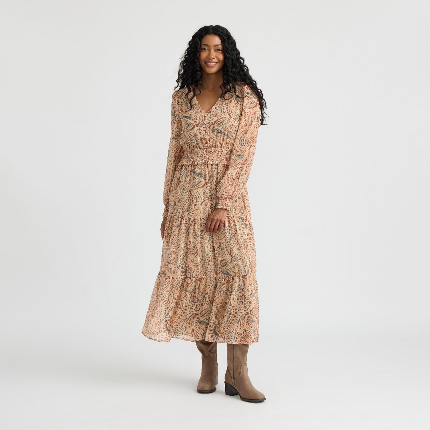 Robe maxi à col en V avec détails volants et manches bouffantes de Mexx pour femmes