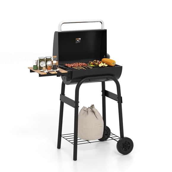 Costway Barbecue au Charbon en Forme de Baril avec Table d'Appoint Pliable, Thermomètre Intégré et Tablette de Rangement