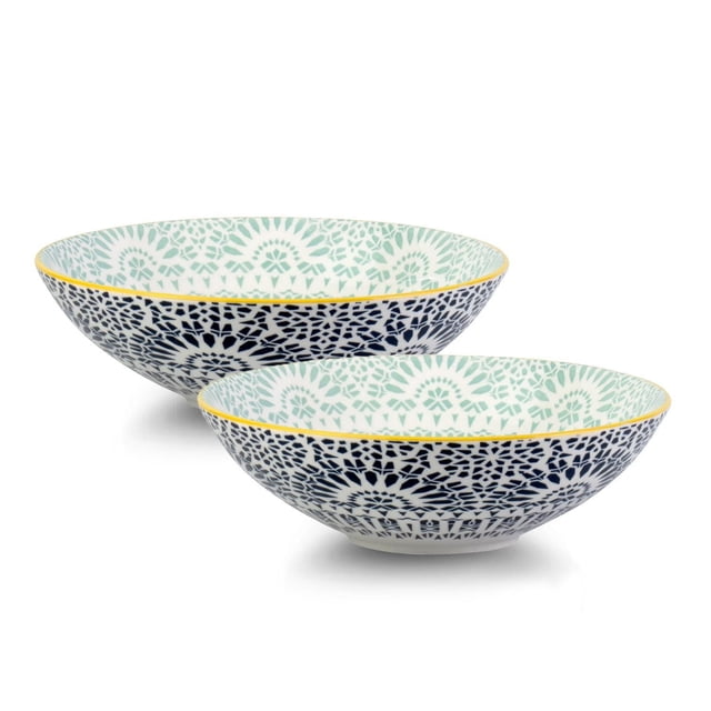 Paisley Bleu Porcelain Pasta Salad Poke Bowl, 21 cm- 25oz, two stackable porcelain bowls with navy blue and light teal paisley patterns on white, accented by a yellow rim, microwave, oven, and dishwasher safe, ideal for serving pasta, salad, soups, or stir-fries with elegant tableware style.