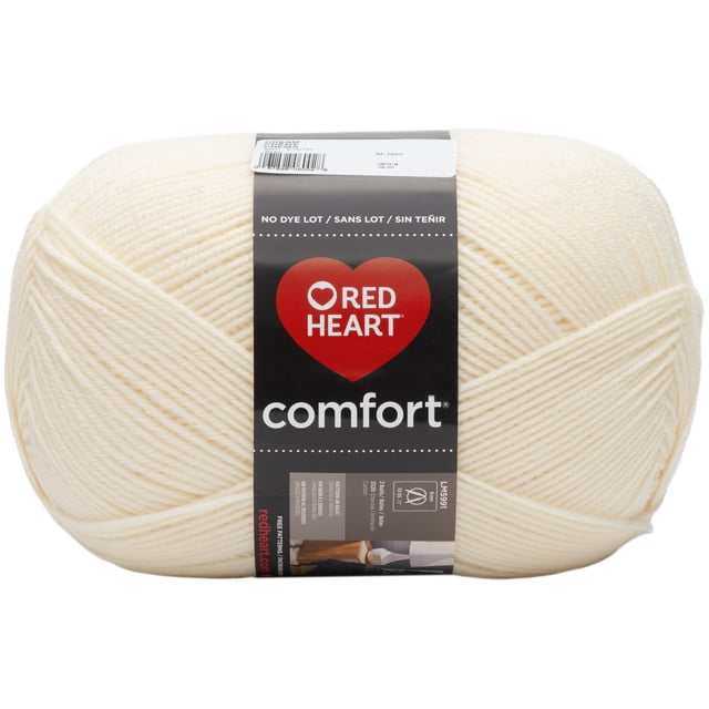 Red Heart® Comfort® Yarn, Solid, Acrylic #4 Medium worsted weight, 16oz/454g skein in off-white with black label featuring red heart logo and product details, machine washable and suitable for knitting, crochet, and cozy blankets.