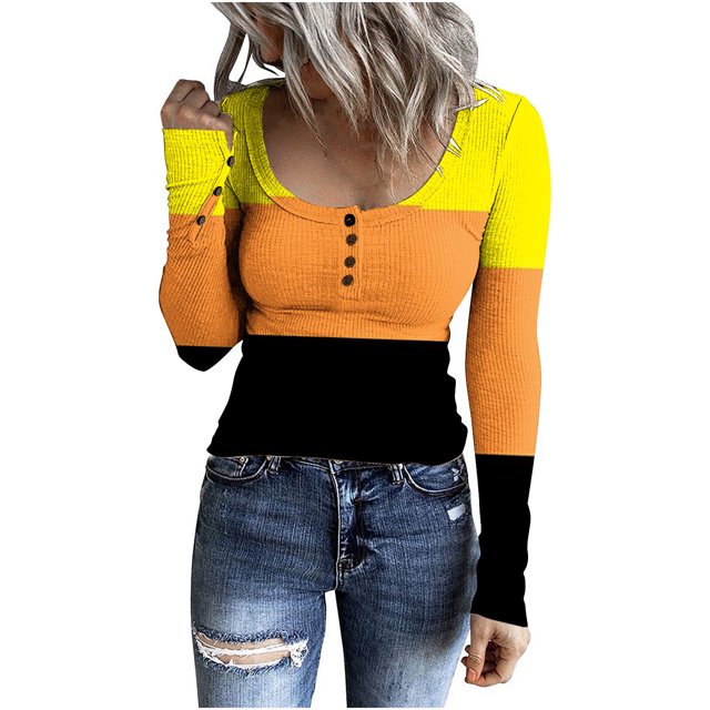 Yuyuzo Hauts en Tricot Côtelé pour Femmes Col Rond Manches Longues Hauts de Sortie Color Block Chemises Serrées