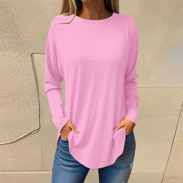 Mefallenssiah Chemisiers d'Automne pour Femmes à Col Rond, Couleur Unie, Mode, Smockés, Manches Longues, Hauts, Rose, TG