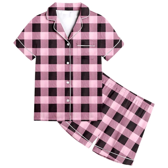 MIASHUI Pyjama pour Enfants Filles Garçons, Doux et Confortable, à Carreaux, Ensemble de 2 Pcs, Rose, 8-9 Ans