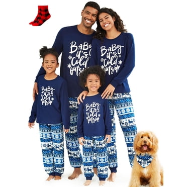 PatPat Christmas Pajamas for Kids 2 Piece Long Sleeve Letter Top and Pants Set Family Christmas Pajamas Girl Boy Pajamas with Socks Flame Resistant Toddler 4-5 Years