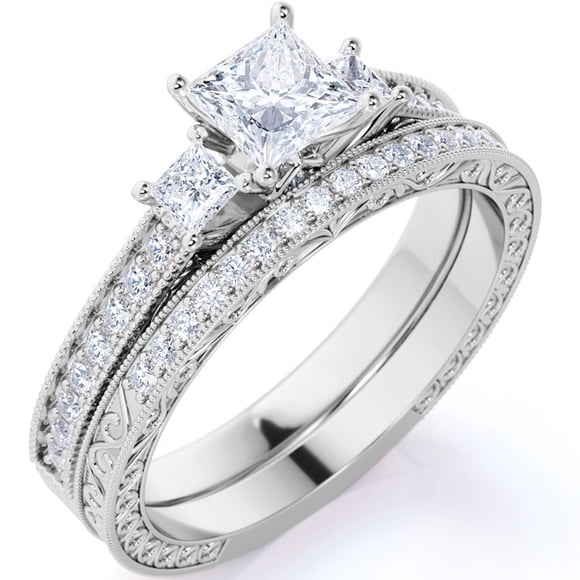 JeenMata Beautiful 1.25 Carat Real Moissanite Wedding Ring Set in 18k White Gold Plating for Women