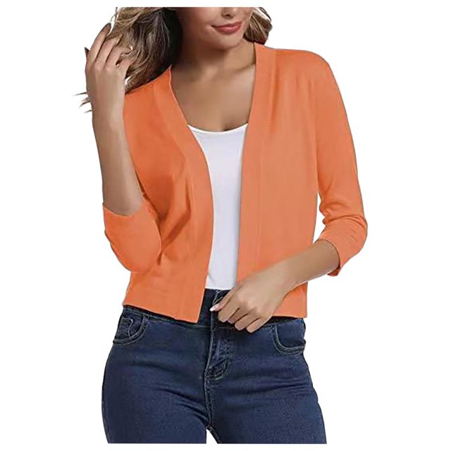 LNGOOR Women‘s Casual Cropped Knitted Cardigan 3/4 Sleeve Lightweight Open Front Sweater Blouse Ladies Fall Spring Outwear Mint Green