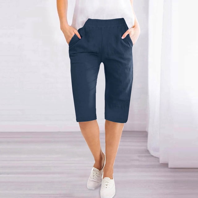 Bermudas en Lin pour Femmes à Enfiler, Shorts en Lin pour Femmes Longueur Genou Bermudas, Bermudas en Lin Légers et Décontractés pour Femmes Taille Élastique Short d'Été en Coton avec Poches