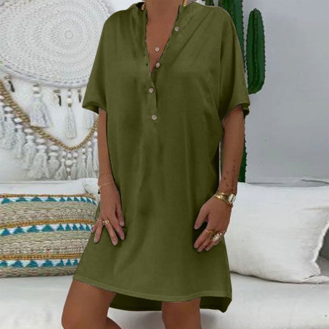 Jusqu'à 65 % de Rabais! Robes d'Été Mode pour Femmes 2024 Grande Taille Décontractées Amples Unies en Coton à Col en V à Manches Courtes Robe d'Été