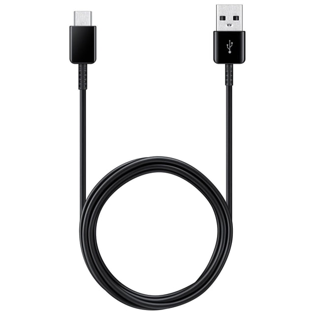 Samsung 1.5m (4.9 ft.) USB Type-a/Type-c Cable Black with black USB Type-A and USB Type-C connectors shown front-facing with coiled cable, supporting fast 3 amp charging and high-speed data transfer for USB-C Android devices, also suitable for syncing media files.