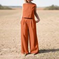 thumbnail image 2 of Pompotops 2PC Fashion Woman Round Neck Solid Sleeveless Blouse +Loose Pockets Pants Sets, 2 of 9