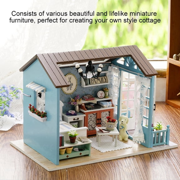 DIY Miniature Dollhouse Kit, Wooden Mini Doll House Accessories Wooden Dollhouse Miniature Kit Wood House Toy With Furniture LED Light For Kids Teens Adults
