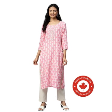DWEEP SARA Women’s Pink Paisley Print Straight Kurta M/38 Ethnic Tunic Top 3/4 Sleeves Casual Festive Wear