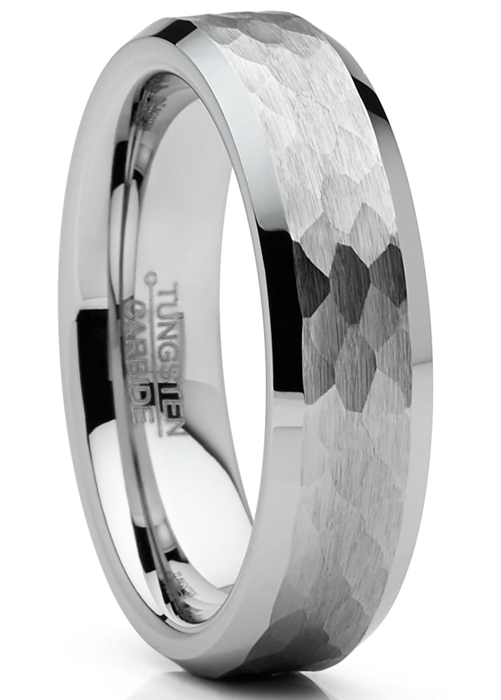 Mens Tungsten Ring Hammered Wedding Band Silvertone Comfort-fit 6MM