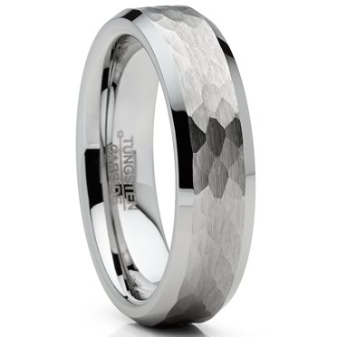 Mens Tungsten Ring Hammered Wedding Band Silvertone Comfort-fit 6MM