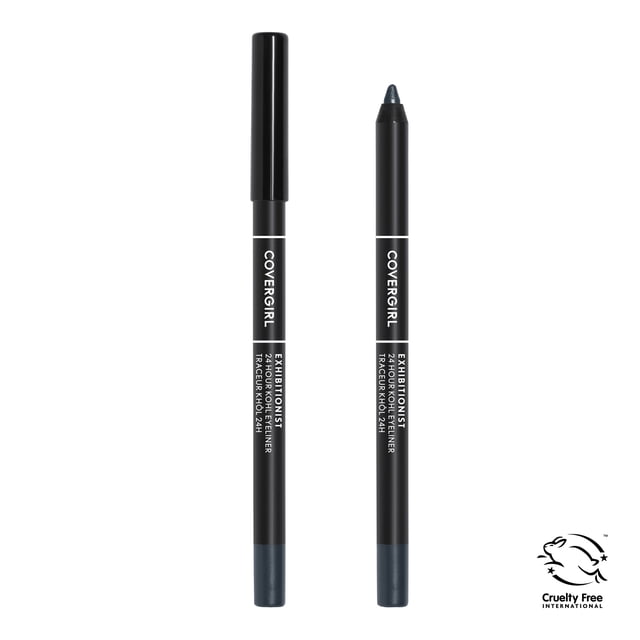 COVERGIRL Exhibitionist 24 HR Kohl Eyeliner shown as two black pencils, one capped and one uncapped revealing a dark blue gel tip, offering precise, waterproof, smudge-proof eye definition with 24-hour wear and cruelty-free certification, ideal for classic or smoky eye makeup.
