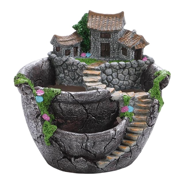 Plants Planter Flower Pot Fairy Garden Design Decorative made of resin with a multilayer design. Features a miniature castle villa garden with stone walls, stairs, and greenery details. Includes perforated drainage holes for plant health. Suitable for succulents, small plants, and DIY tabletop arrangements. Dimensions: 17.5cm x 17cm x 16cm.