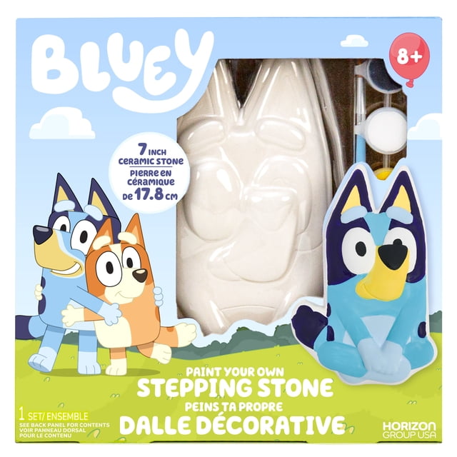 Bluey Paint Your Own Ceramic Stepping Stone Kit with a 7-inch ceramic Bluey figure sitting cross-legged, six acrylic paints, and a brush for kids 8 and up to paint and display indoors or outdoors, promoting creativity and fine motor skills.