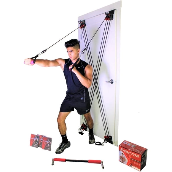X Factor Door Gym Home Gym Complete Full Body Workout Total Exercise System | Multi Gym Doorway Fitness Strength Training + Straight Bar, 2 Padded Handles, 2 Ankle Straps, DVD, Workout Chart
