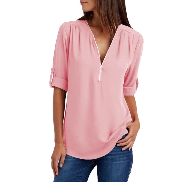Chemises pour Femmes Chemises d'Été pour Femmes à Fermeture Éclair Tunique Décontractée Col en V Blouse à Manches Roulables Hauts T-Shirt Blouses pour Dames en Liquidation