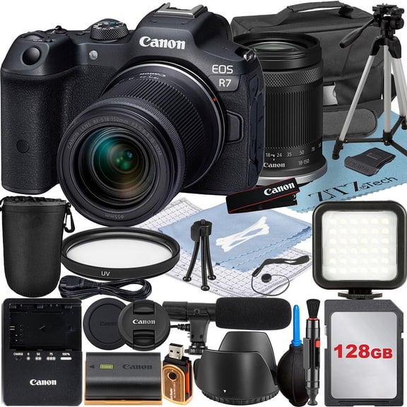 Canon EOS R7 Appareil Photo Sans Miroir avec Objectif RF-S 18-150mm + Adaptateur de Monture + Carte Mémoire 128 Go + Étui + Flash LED + Ensemble d'Accessoires ZeeTech