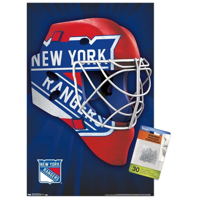 NHL New York Rangers - Mask 16 Wall Poster, 22.375" x 34" showing a front-facing hockey goalie mask with New York Rangers logo in red, white, and blue on a dark blue background, printed on glossy poster paper with included clear pushpins for easy, damage-free hanging, ideal for bedroom or office wall decor.