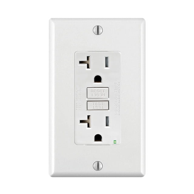 Leviton Ground Fault Circuit Interrupter with white rectangular faceplate, two three-prong outlets, central reset and test buttons, and a green status indicator light, providing continuous ground fault protection and meeting UL auto-monitoring standards for safe electrical circuit protection.