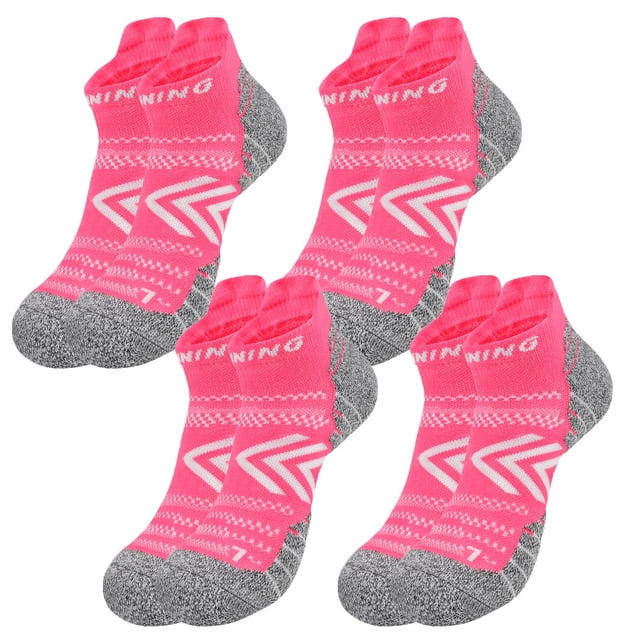 Ankle Compression Sock for Men and Women, 4 Pairs, Low Cut Compression Running Sock with Ankle Support. The socks are shown in a vibrant pink color with grey accents on the heel and toe areas. Designed with a 3D circular progressive pressure pattern for 360-degree foot protection, they feature targeted compression zones to improve blood flow and reduce fatigue. Made from breathable, moisture-wicking material, these socks are suitable for athletic activities, travel, and daily wear. Pack includes four pairs.