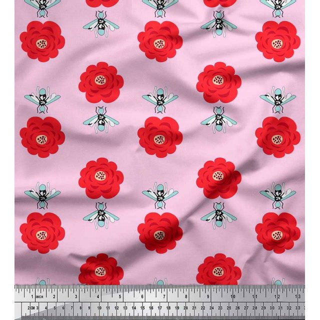 Soimoi Poly Georgette Fabric Floral & Bee Insects Print Fabric by The Yard 42 Inch Wide