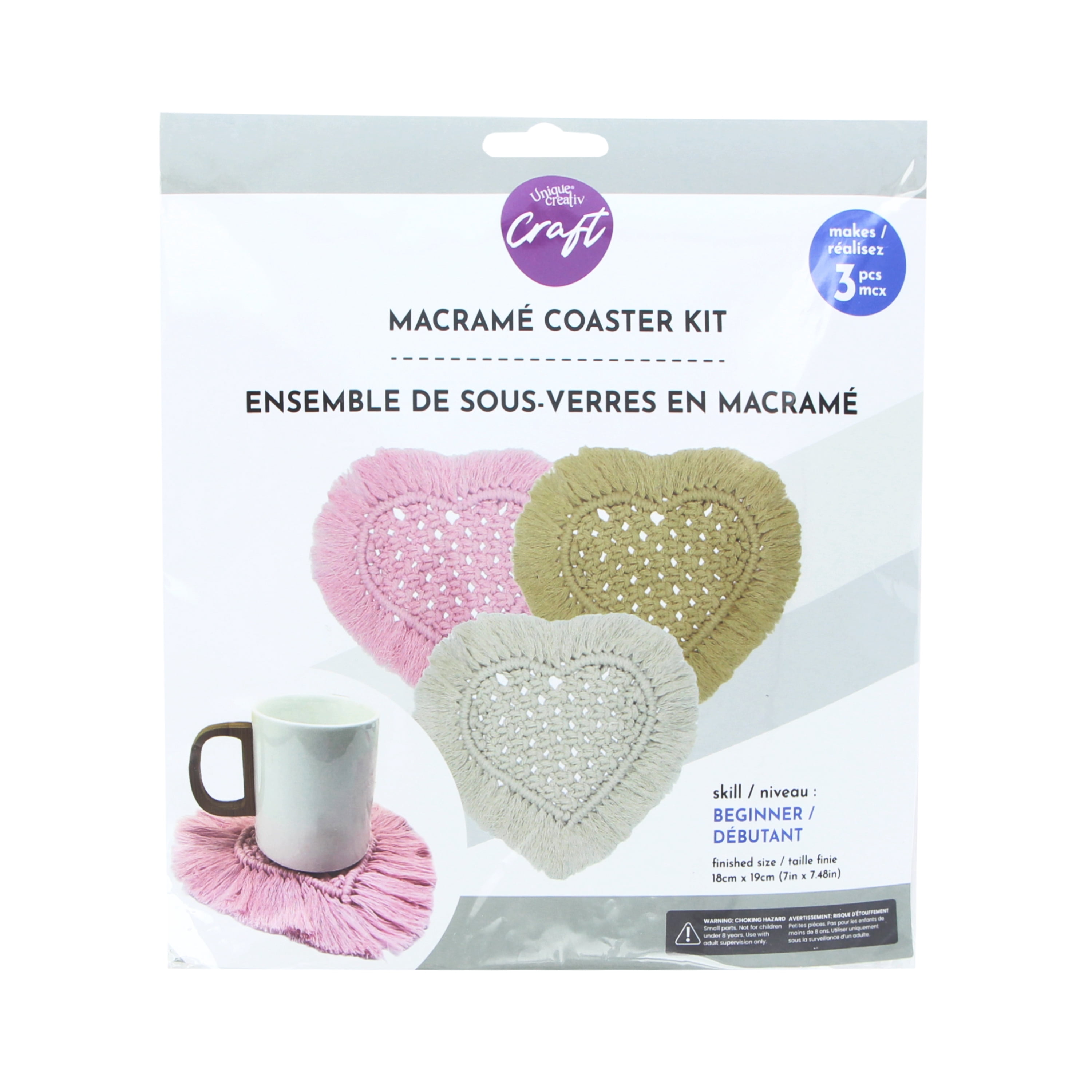 UNIQUE CREATIV CRAFT Macramé Coaster Kit - Heart, 3 pcs, Age 8+, Beginner, 15.5 cm (6.1 in)
