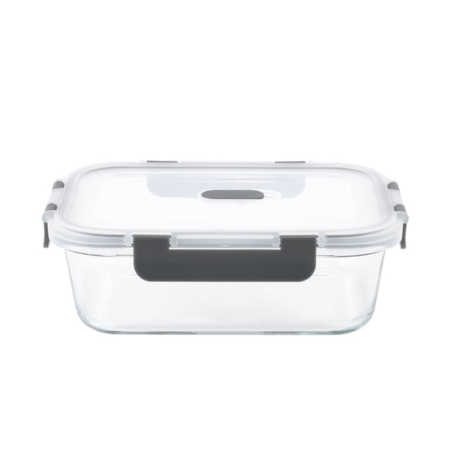 Mainstays Rectangle Glass Food Storage Container 630ml with clear borosilicate glass body and white airtight lid secured by black locking clips, oven, microwave, freezer, and dishwasher safe, suitable for kitchen food storage and meal prep organization.