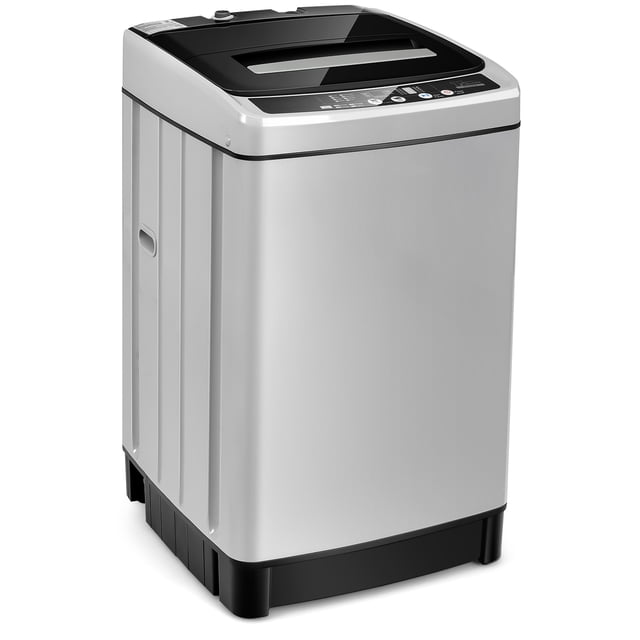 Gymax Compact Full-automatic Washing Machine Laundry Washer with 11 lbs capacity in grey. Portable washing machine with a clear lid for monitoring laundry, LED display with 8 washing programs, and adjustable foot for stability. Compact design ideal for apartments, dormitories, and motor homes.