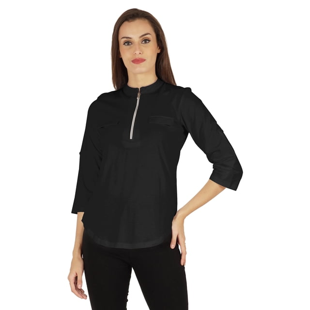 Inkmeso Stylish Mandarin Collar Top For Women Casual Solid Relaxed-Fit Zipper Front Tunic