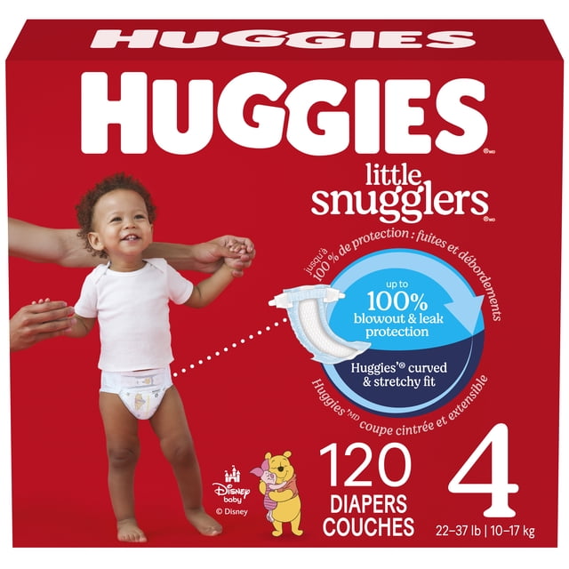 Huggies Little Snugglers Baby Diapers, Size 4 (22-37 lbs), 120 count box with red packaging featuring a toddler wearing a diaper, highlighting up to 100% blowout and leak protection with Huggies' curved and stretchy fit, and Disney Winnie the Pooh designs, suitable for babies 22-37 pounds (10-17 kg).