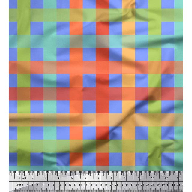 Soimoi Blue Heavy Satin Fabric Check Check Printed Fabric 1 Yard 54 Inch Wide