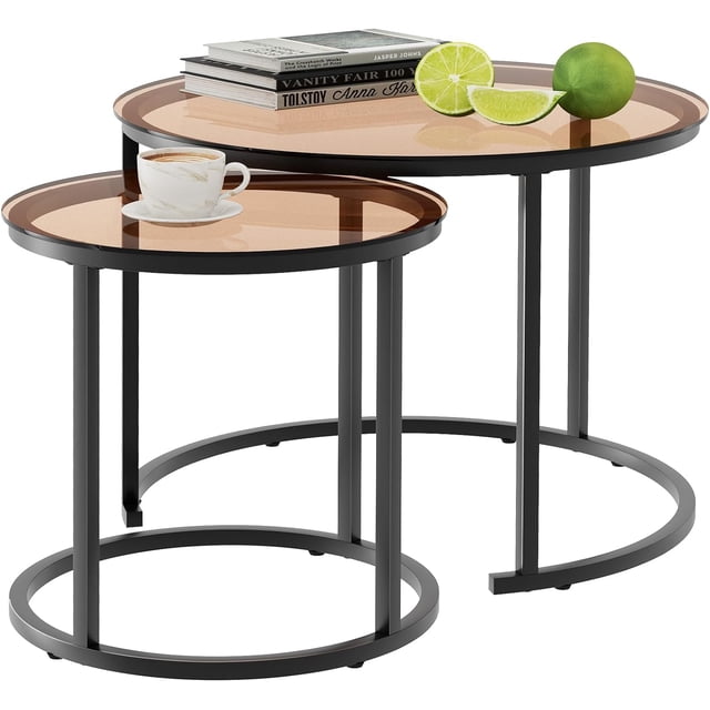 ZJQYDS Nesting Coffee Table Set of 2, Small Round Glass Nesting Tables for Living Room Bedroom, Accent Tea Table with Metal Frame Modern Industrial Simple