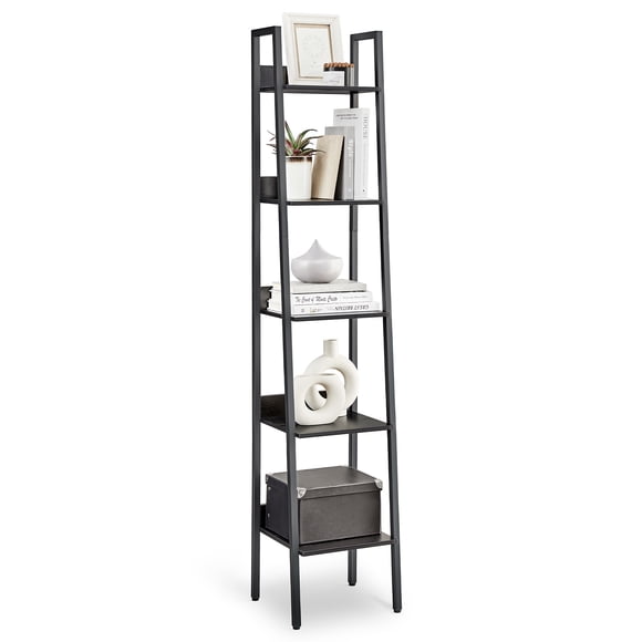 VASAGLE Bibliothèque, Étagère Étroite à 5 Niveaux, Étagère Échelle pour Bureau à Domicile, Salon, Chambre, Cuisine, Noire à Grain de Bois