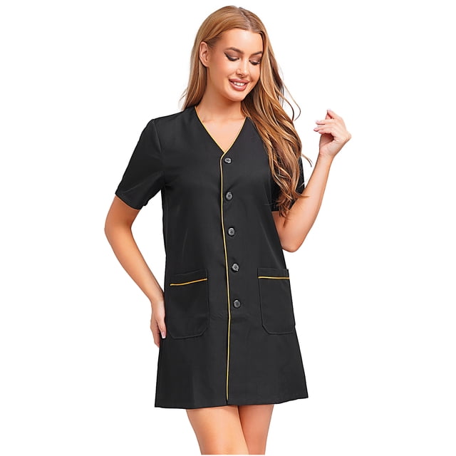 Aislor Robe d'Uniforme d'Infirmière pour Femmes à Manches Courtes, Tenue de Travail Médicale avec Poches, Chemise Boutonnée, Uniforme de Sarrau Noir m