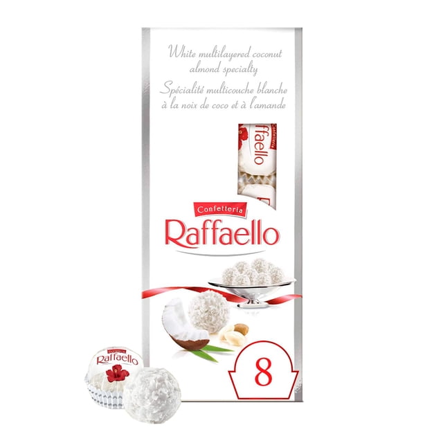 CONFETTERIA RAFFAELLO Sac Spécialisé Noix de Coco et Amandes avec 8 Confiseries Blanches à la Noix de Coco Emballées Individuellement, Présentant un Centre Croquant aux Amandes, une Garniture Crémeuse et une Coquille Croustillante Recouverte de Flocons de Noix de Coco, Montré avec l'Emballage et Deux Confiseries à l'Extérieur, Convient pour Partager Ou Offrir.