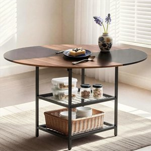 SOBREMESA Round Dining Table for 4, Wood Kitchen Table with Storage Shelves, Farmhouse Dinner Table for Dining Room Kitchen Living Room, Black Rustic Brown(Only Table)