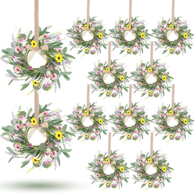 12 Pcs Spring Summer Artificial Flowered Wreath Mini Floral Wedding Candle Rings Wreaths Pillar Candle Holder for Wedding Spring Summer Home Door Tabletop Decoration