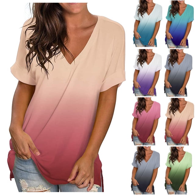 Chemises pour Femmes Manches Longues Mode Décontractée Dégradé Col en V Manches Courtes T-Shirt Ample